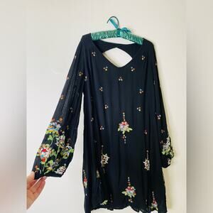 Free People Oxford Mini Dress floral bell sleeves open back embroidered flowy